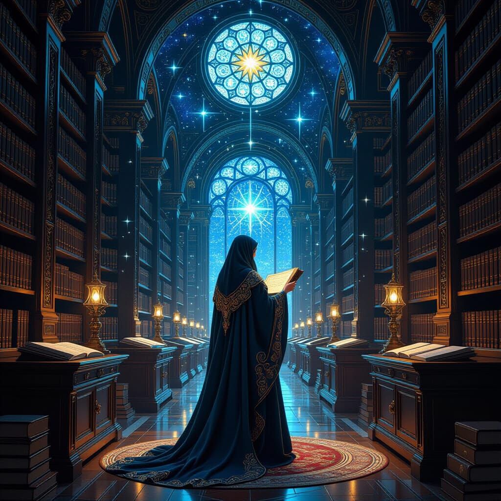 Celestial Librarian in Starlit Library: Digital Painting
