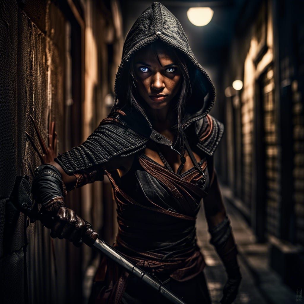 Mysterious Assassin Warrior in Dark Alleyway