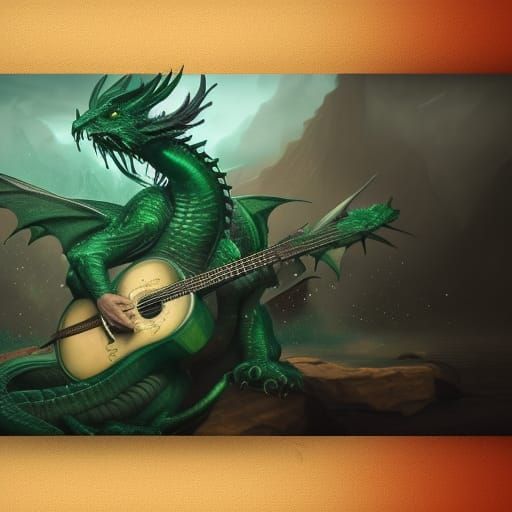 Green Dragon Shreds Guitar: Fantasy Concept Art