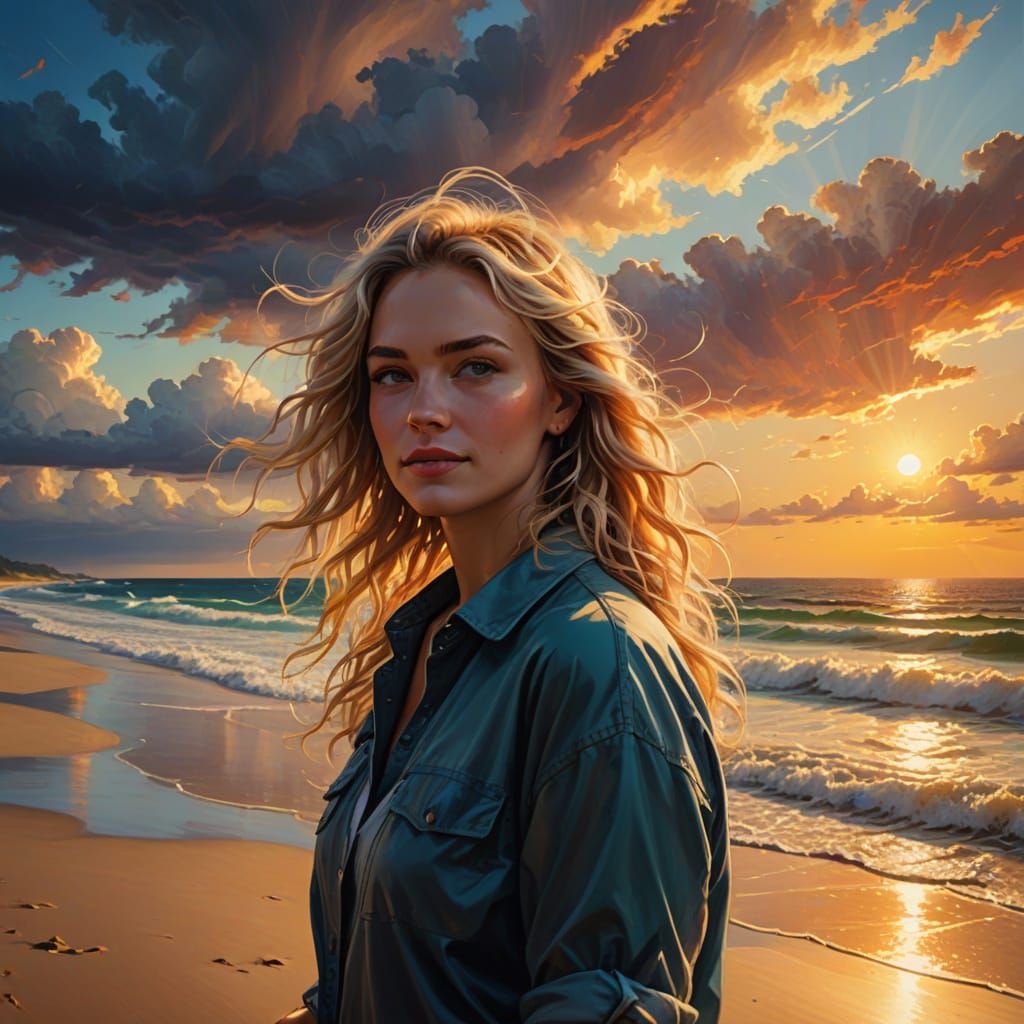 Blonde Beauty Basks in Beachside Sunset