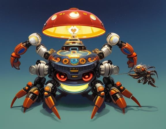 Whimsical Crab Robot Flying Saucer in Vibrant Oil Painting