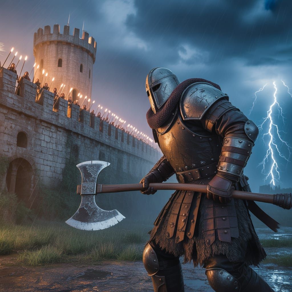 Marauder Assaults Fortress Under Stormy Twilight