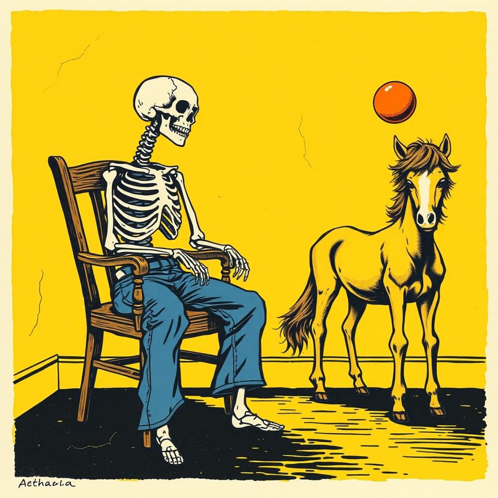 Skeleton and Horse in Linocut Print Style