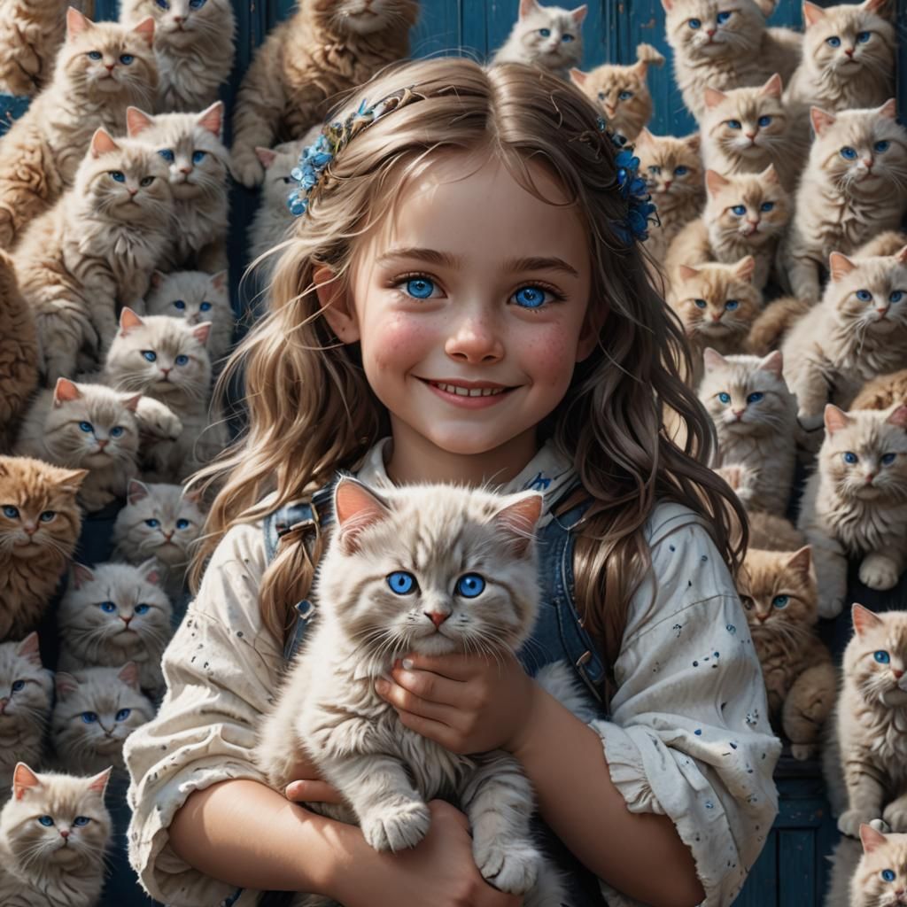 Girl with Blue-Eyed Cat: Detailed Digital Art