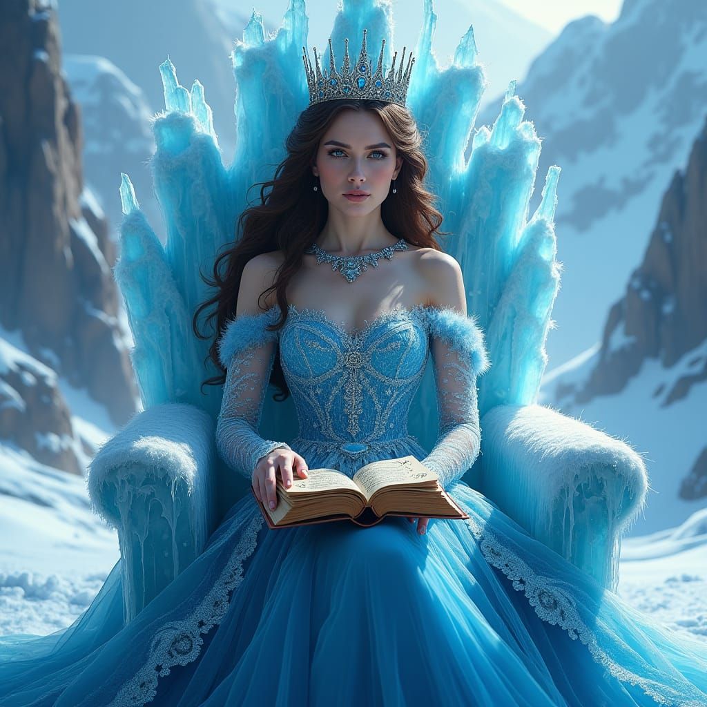 Icy Queen on Throne with Mystical Book