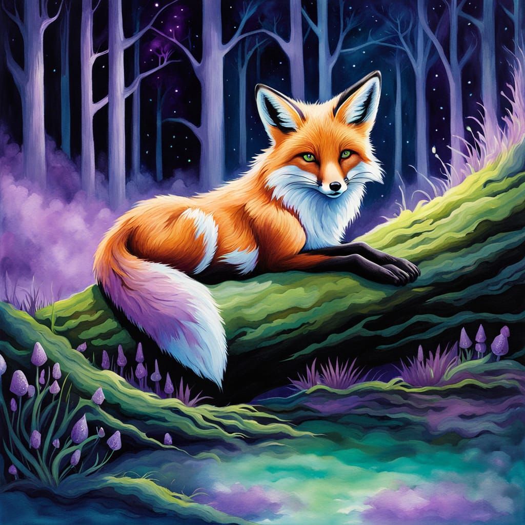 Fox Lounging in Enchanted Forest: Watercolor Illustration