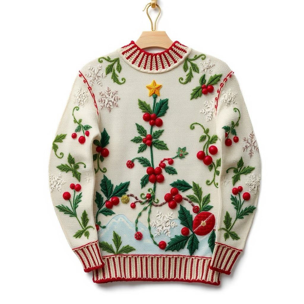 Christmas Sweater Embroidered with Folk Art Symbols in Luxur...