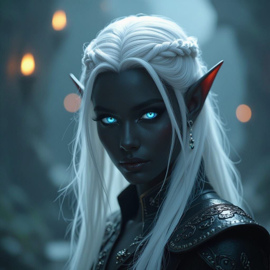 Black Elf with White Hair and Blue Eyes: Cinematic Film Stil...