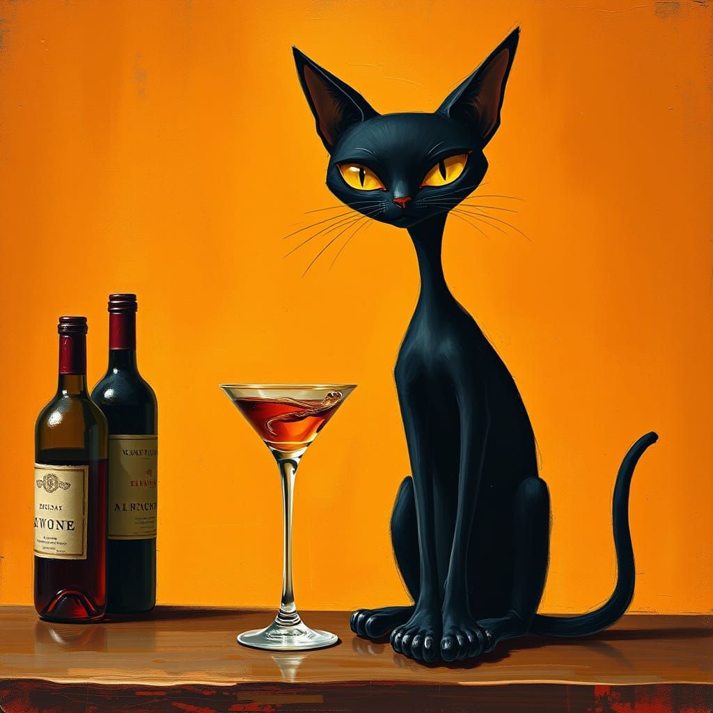 Quirky Black Cat Sits at Bar with Martini, Abstract Style