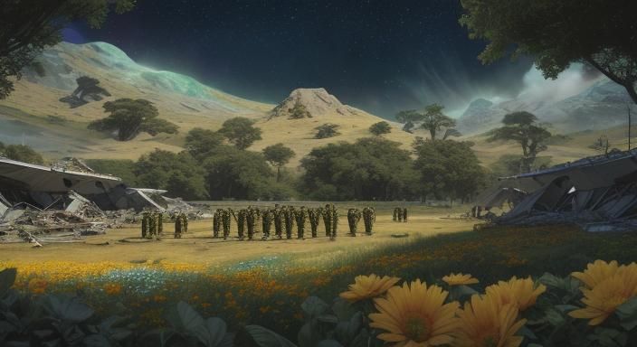 Hopeful Unity Aftermath on Lush Alien Planet