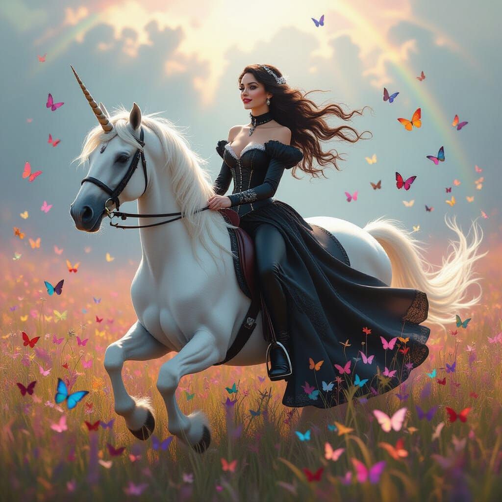 Gothic Woman Rides Unicorn Through Rainbow Meadow