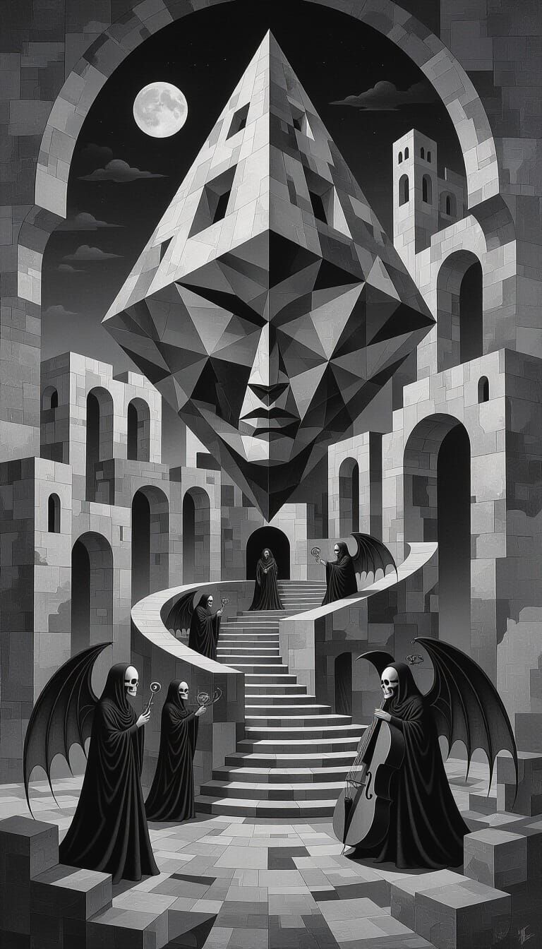 Cubist Ritual Chamber with Psychic Demigod and Angel