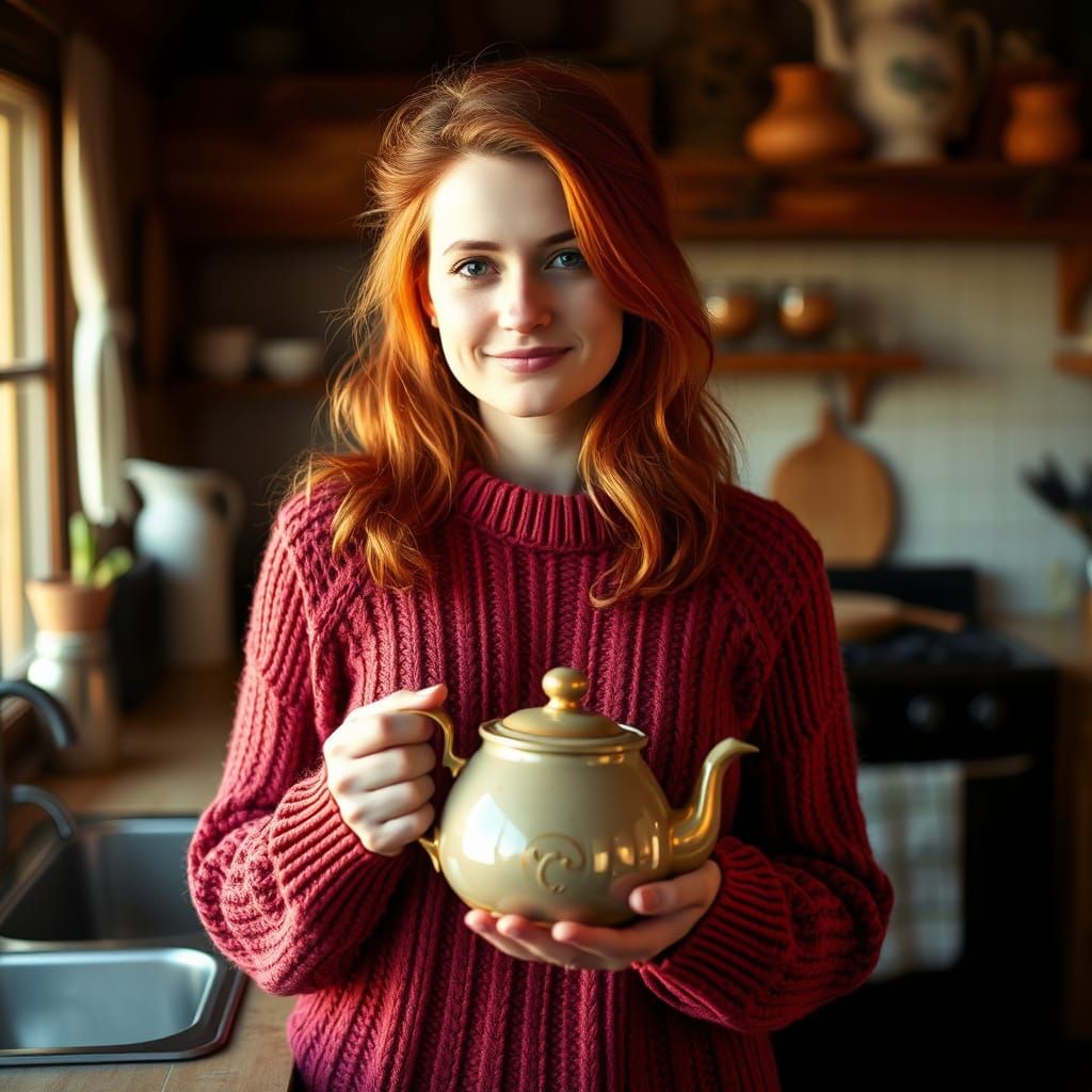 Red-Haired Woman with Teapot in Golden Kitchen
