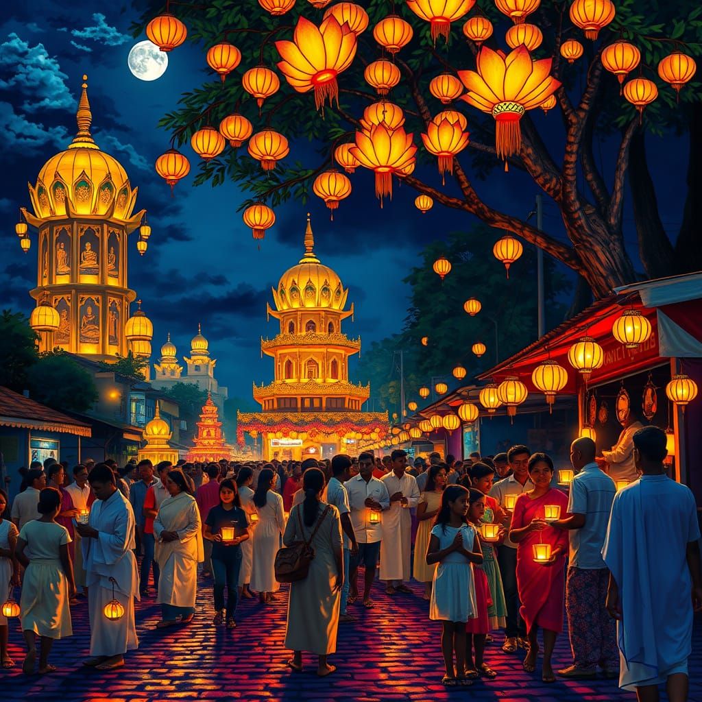 Sri Lanka's Vibrant Vesak Festival Night Scene in Jewel-Tone...