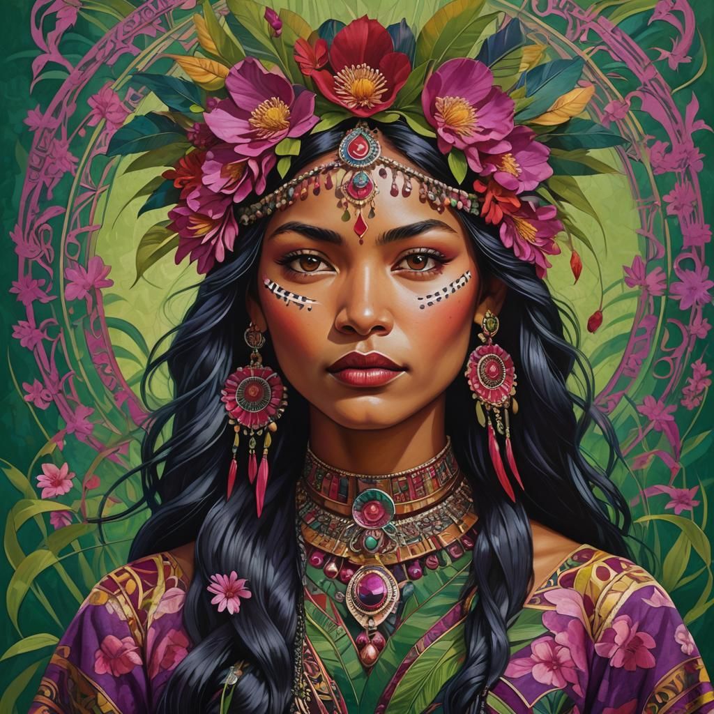 Regal Indigenous Woman with Floral Patterns, Art Nouveau Sty...