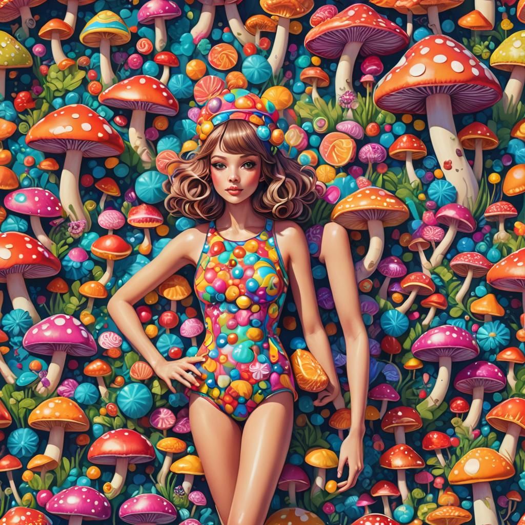 Psychedelic Mushroom Girl in Candy Art Style
