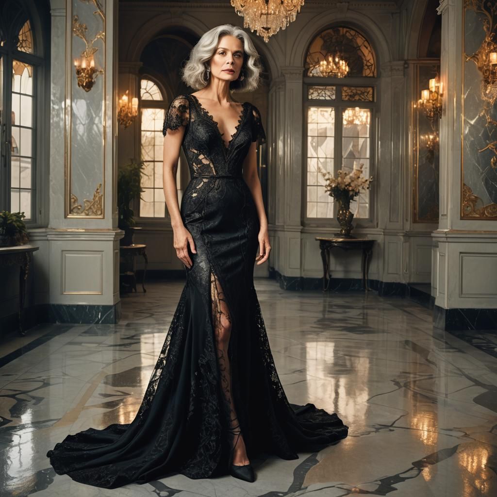 Elegant Woman in Black Lace Gown Editorial Portrait