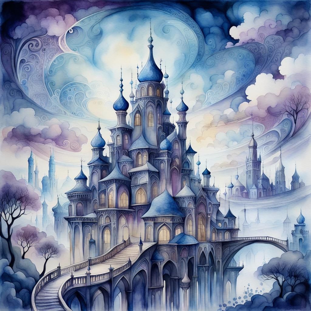Enchanting Elven City in Watercolor Wash Style