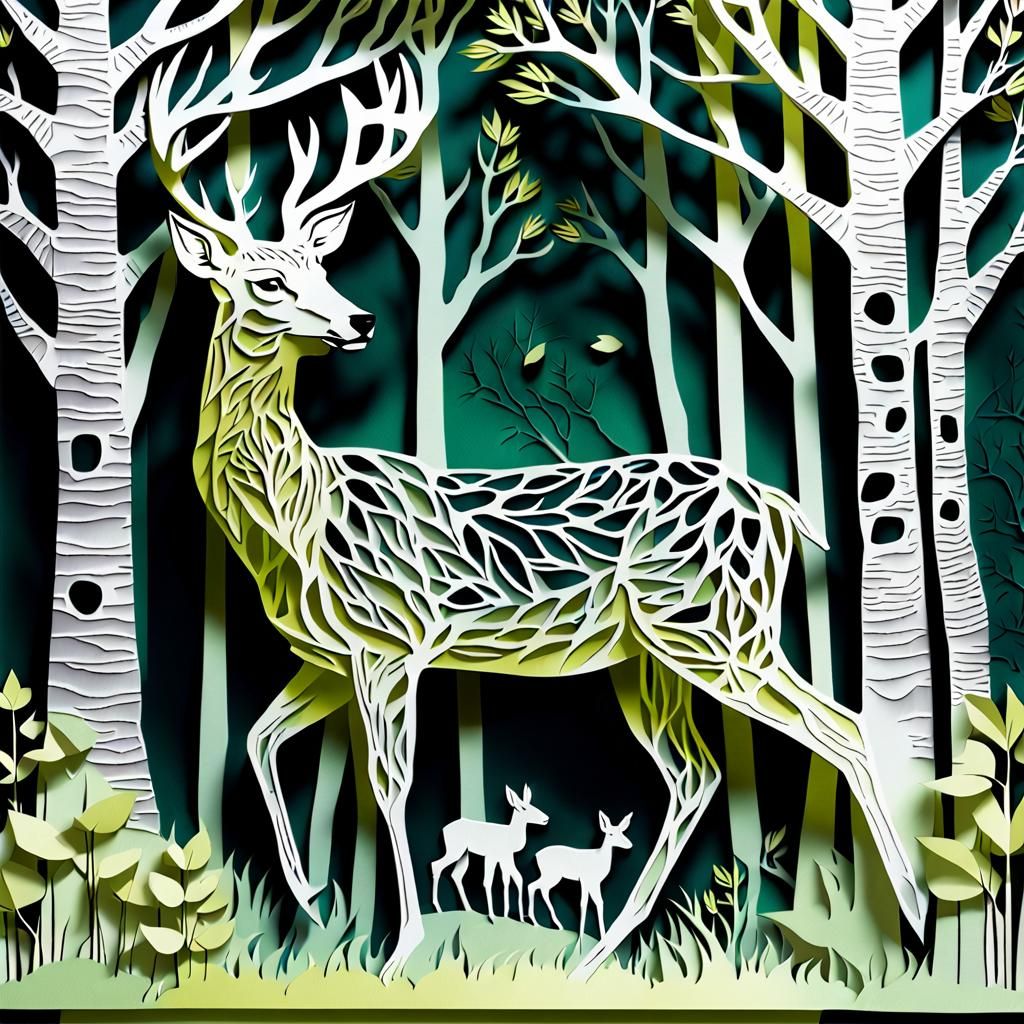 Roe Deer Paper Cutting in Spring Birch Grove