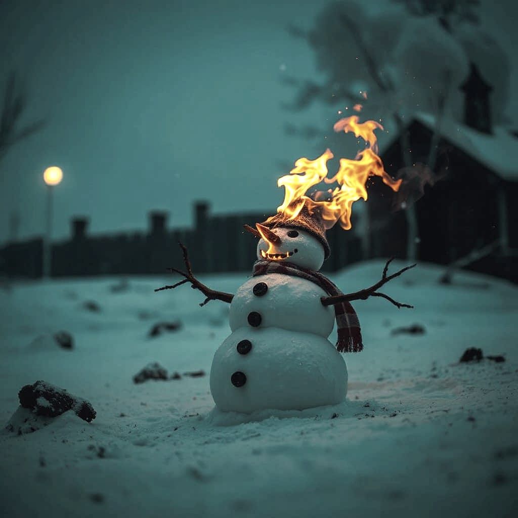 Burning Snowman in Surreal Nature Scene