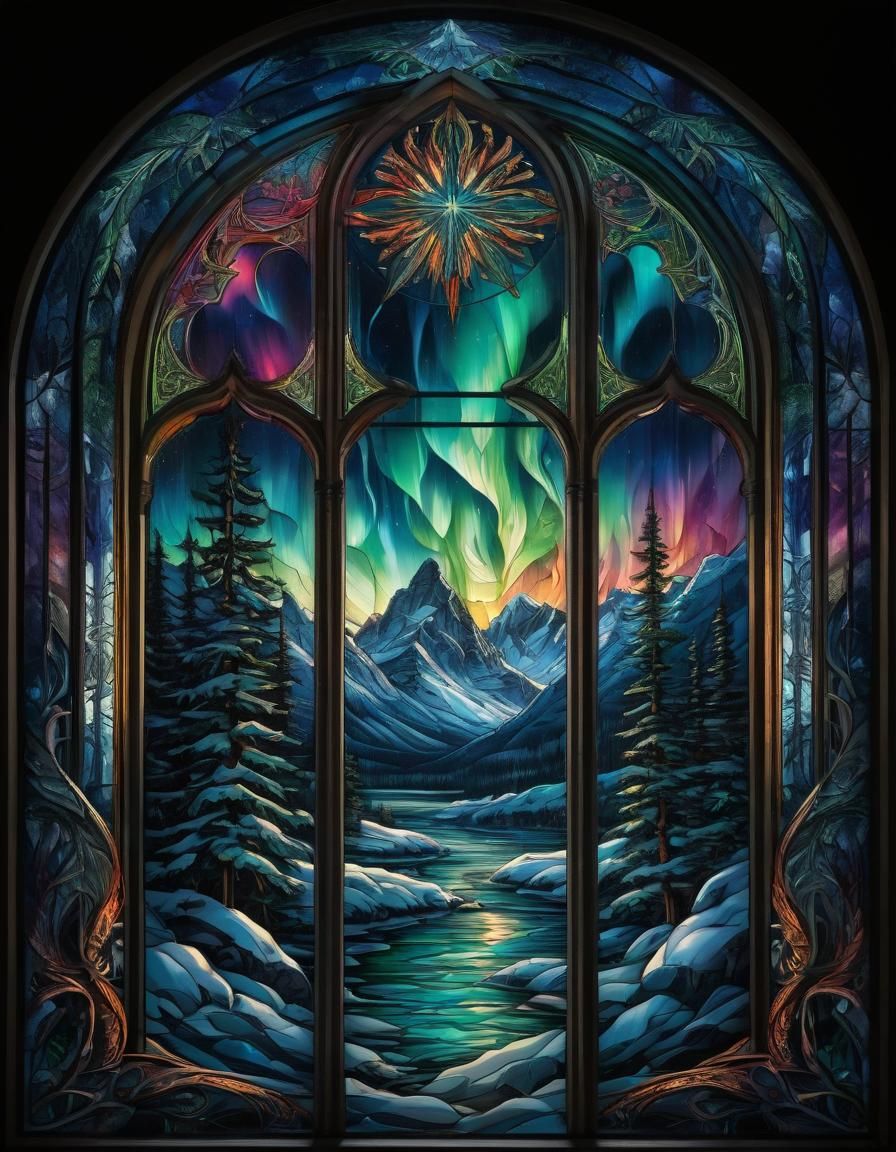 Stained Glass Window with Northern Lights
