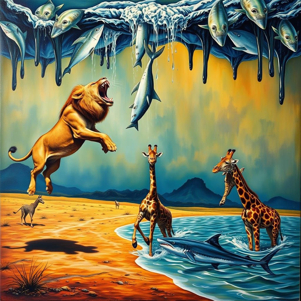 Surreal Savannah Ocean with Lions Catching Fish