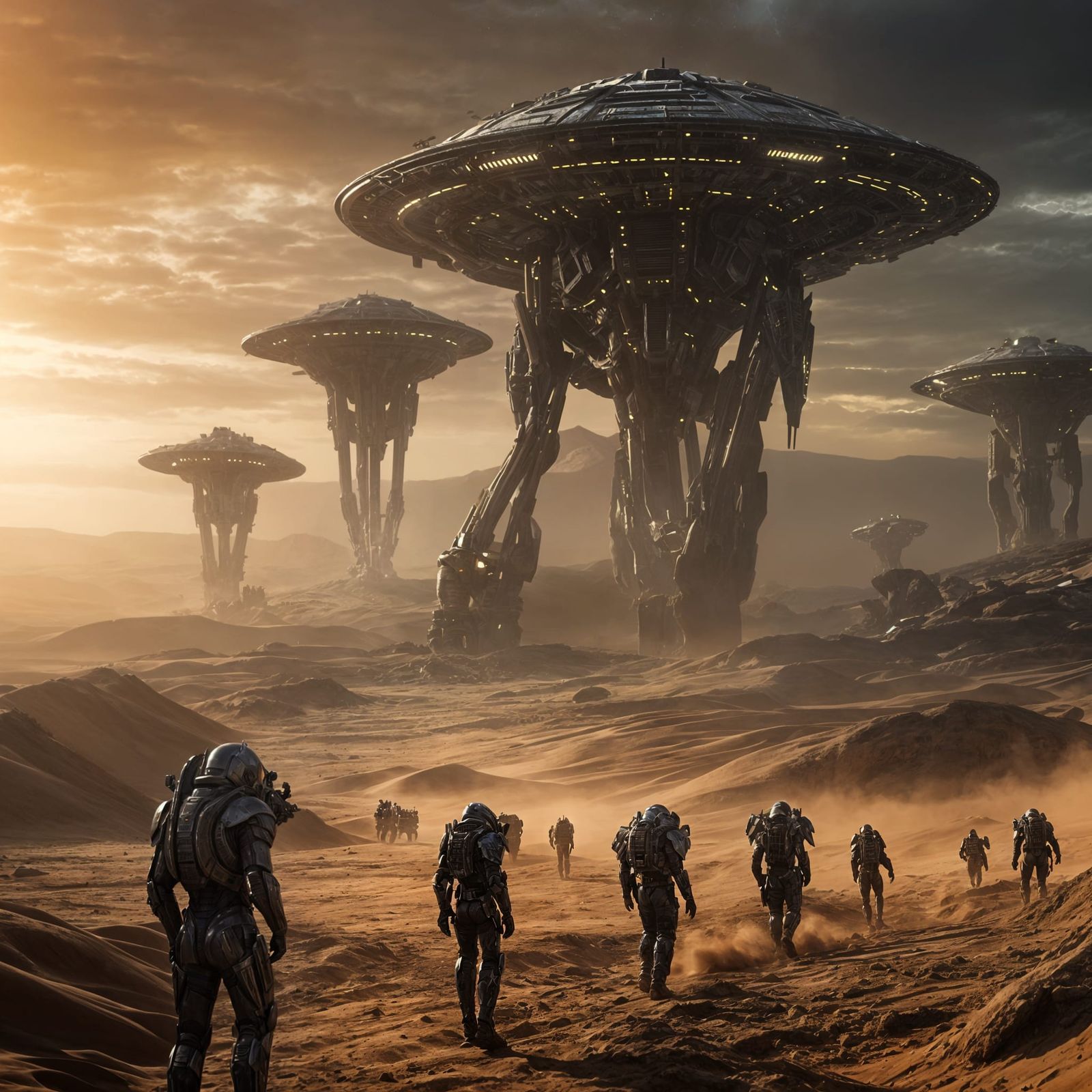 Alien Armored Vehicles in Desert with Lightning