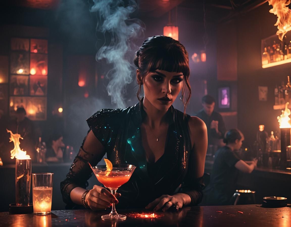 Neon-Noir Cocktail Served in a Smoky Bar