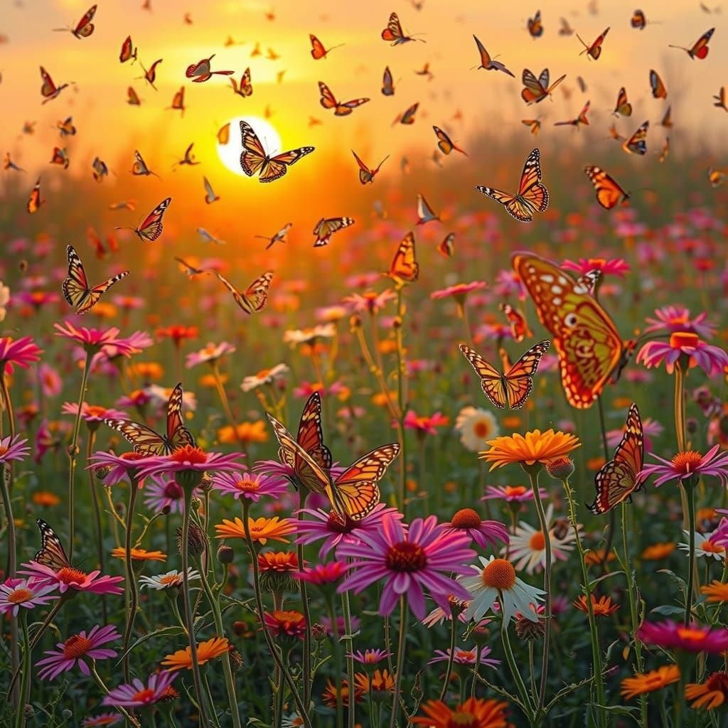 Whimsical Wildflower Meadow in Vibrant Sunset Hues