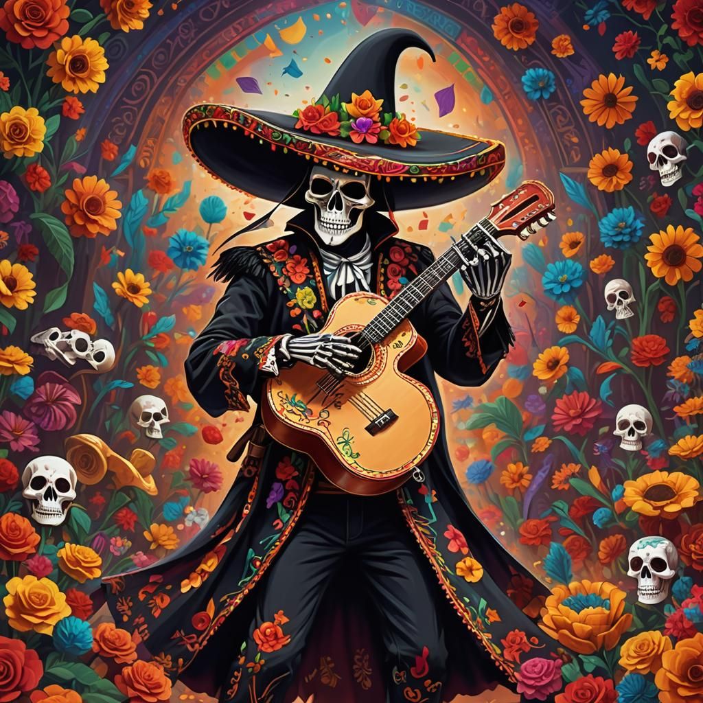 Grim Reaper Mariachi Musician in Dia de los Muertos