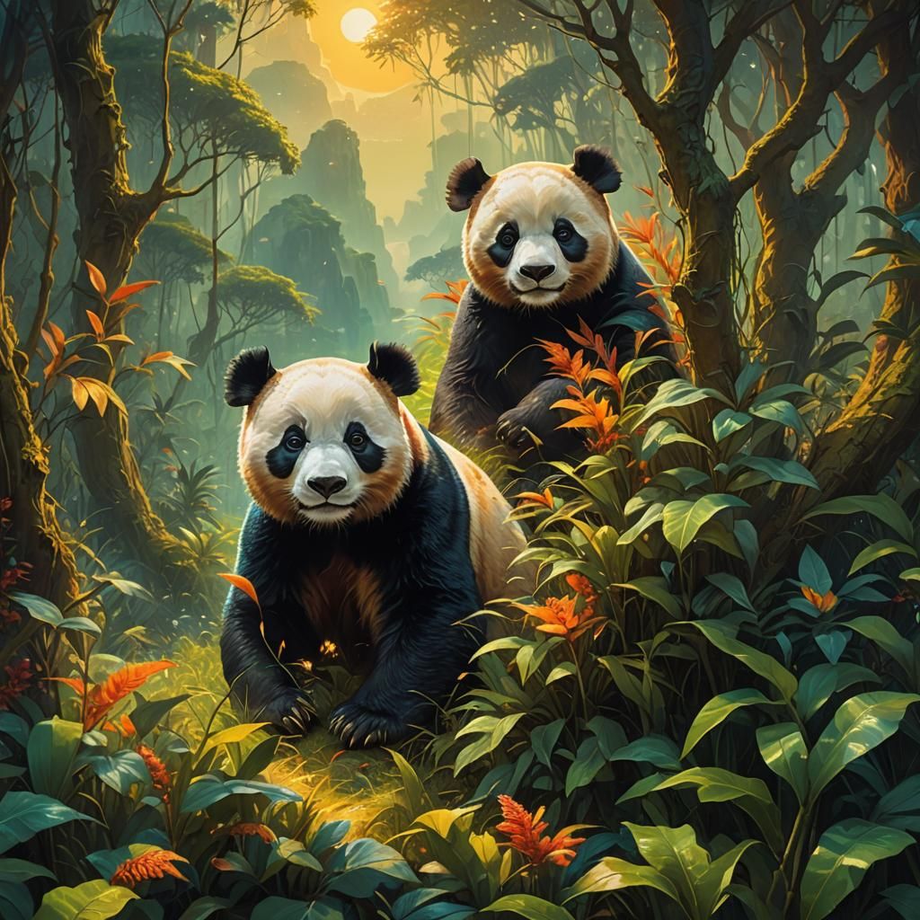 Panda in Lush Environment, Oil Painting Style