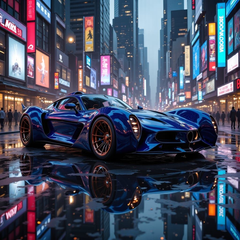 Retrofuturistic Car in Cyberpunk Cityscape