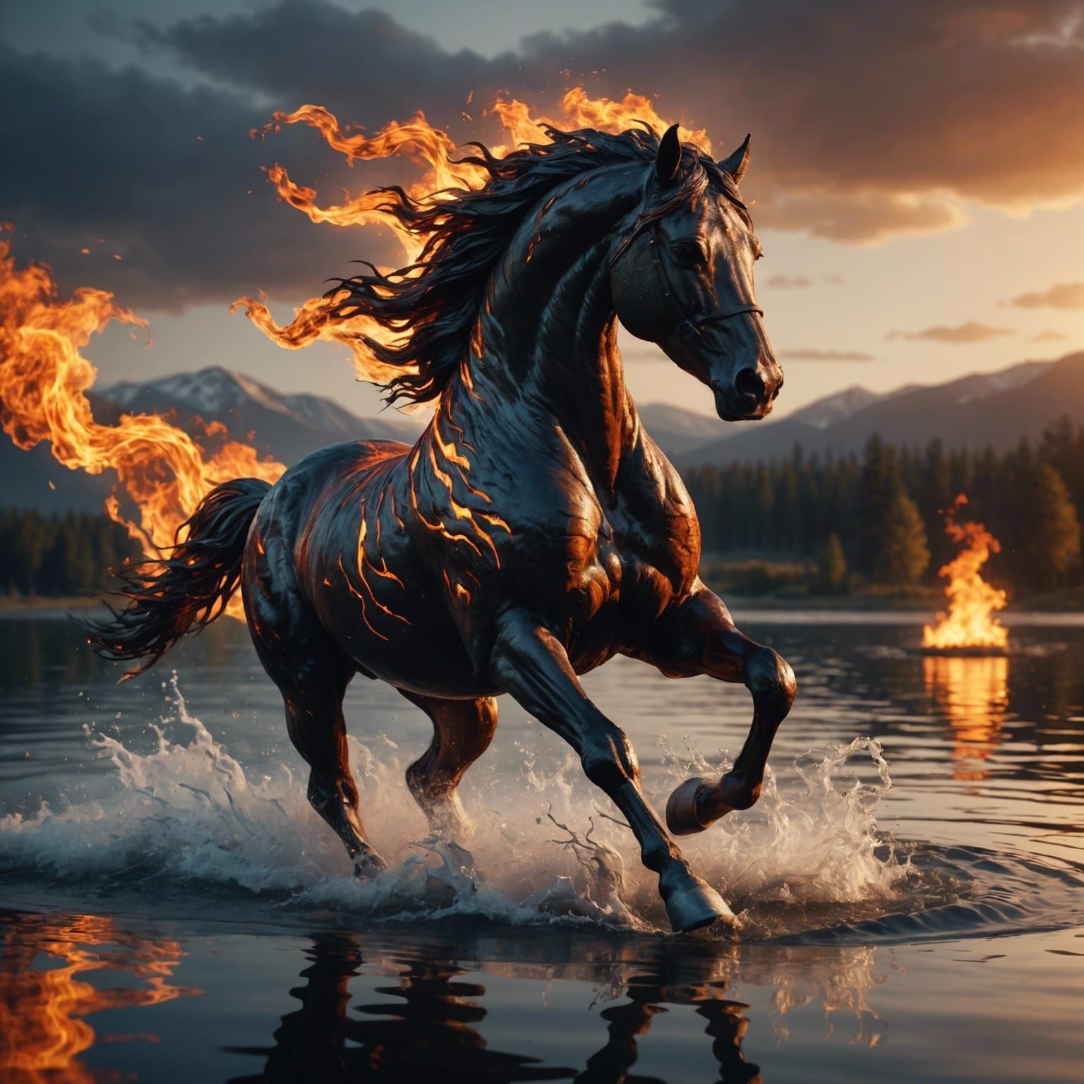 Fiery Horse Gallops Across Lake: Fantasy Concept Art