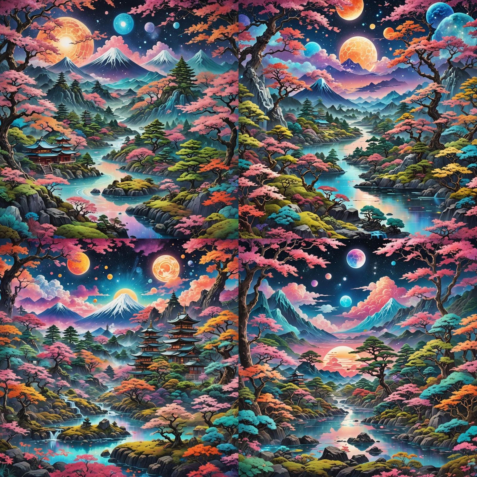 Cosmic Japanese Landscape Inspired by Pablo Amaringo
