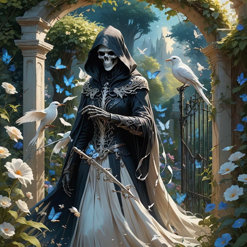 Grim Reaper Collects Soul in Ethereal Garden