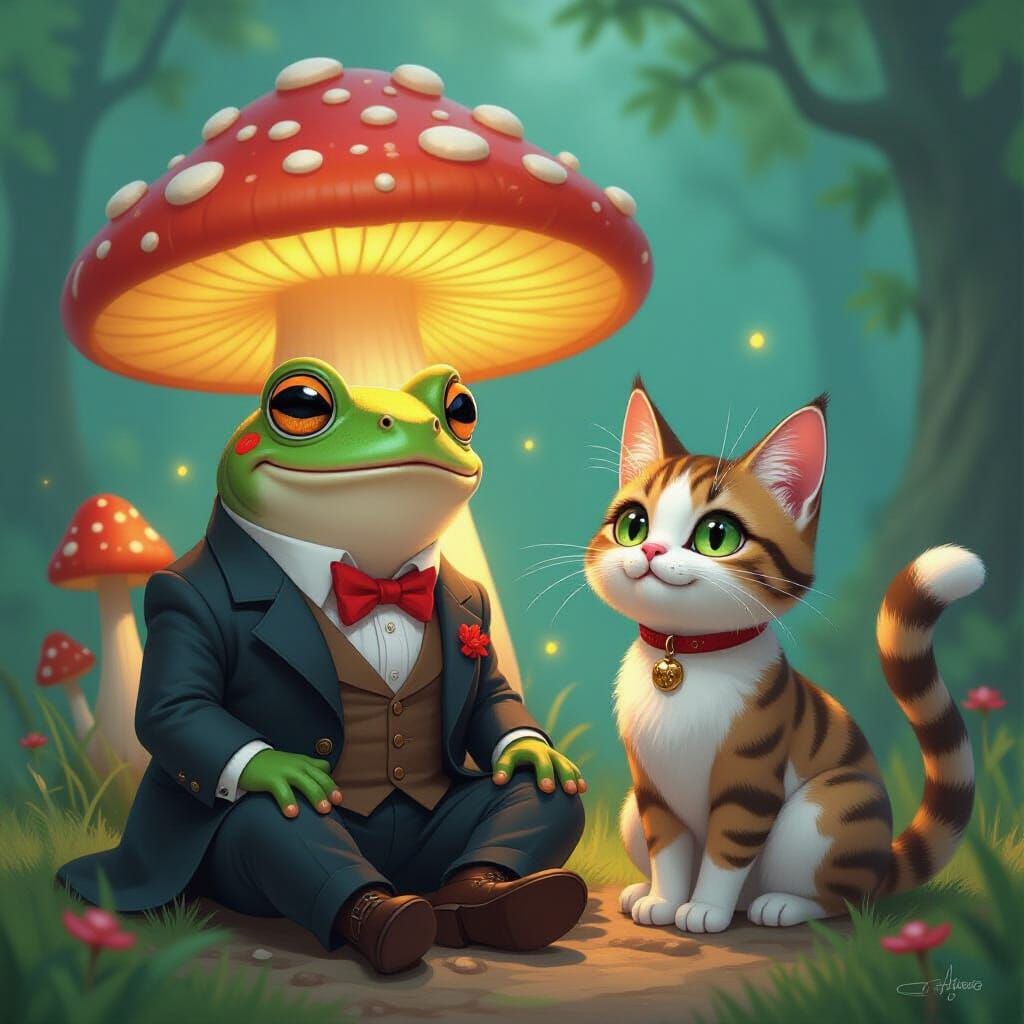 Victorian Frog's Surprise Encounter with Cat