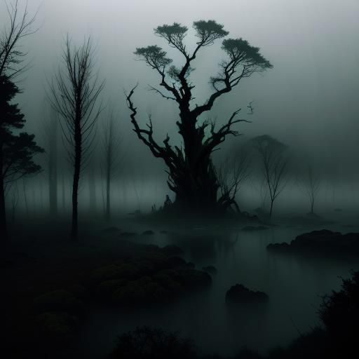 Eerie Surrealism: Twisted Tree Under Blood Moon