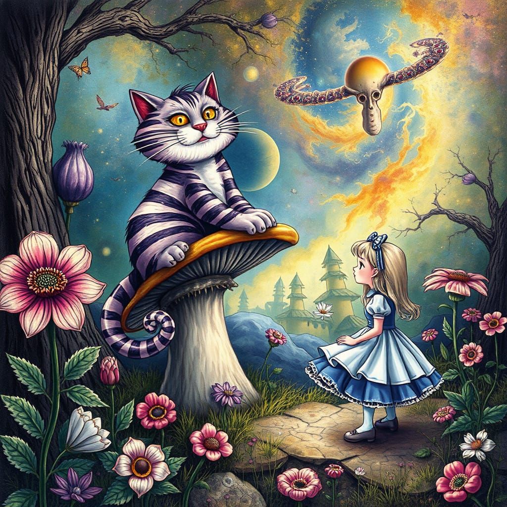 Mysterious Cheshire Cat Converse with Alice in Whimsical Won...