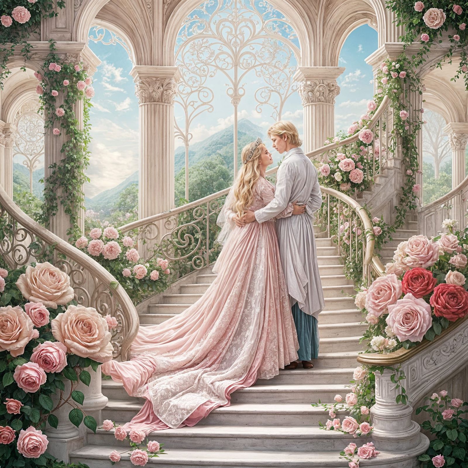 The Prince Ascends with Princess to Crystal Palace in Clouds