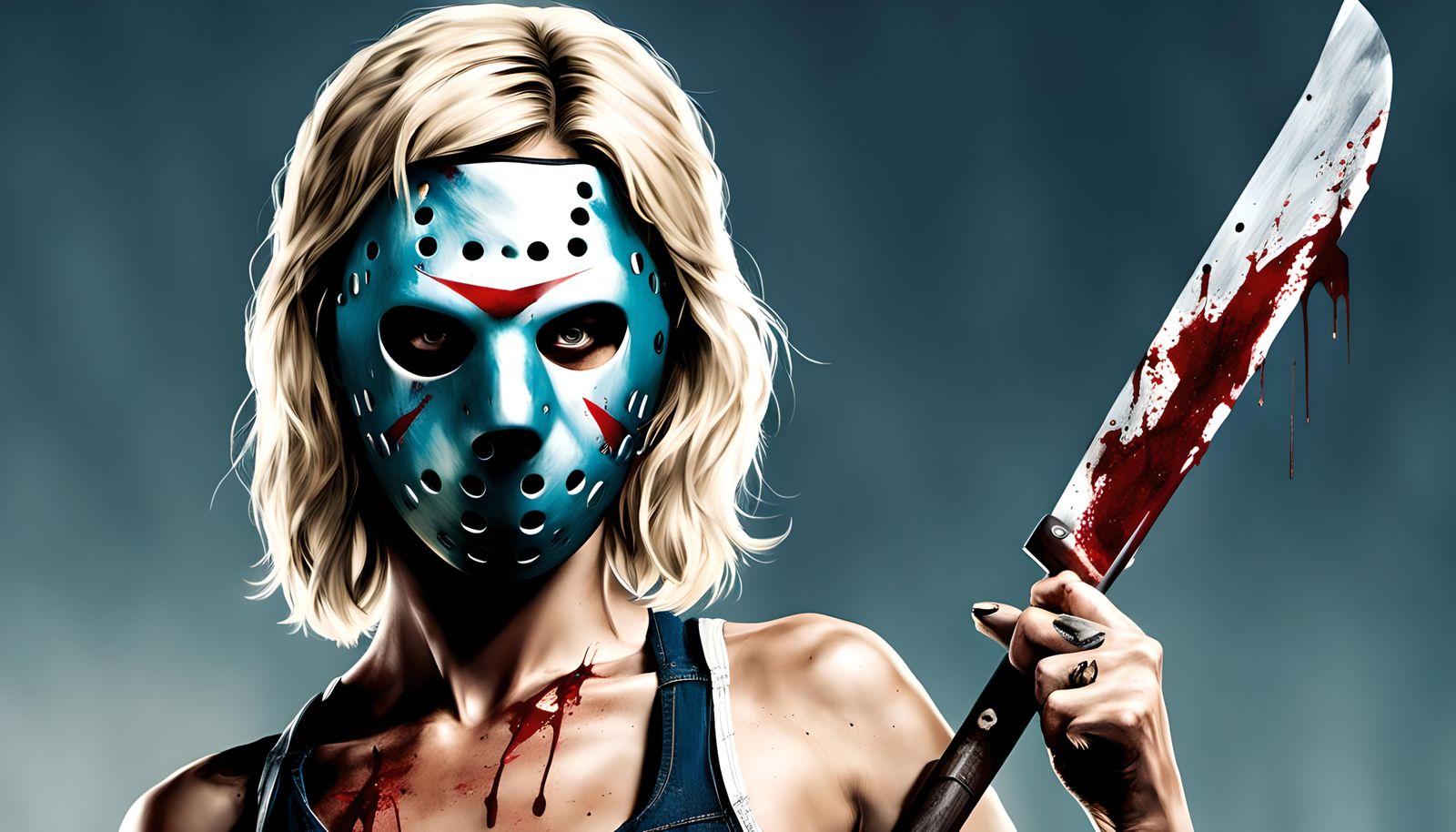 Friday the 13th with Jessica Vorhees wearing a hockey mask