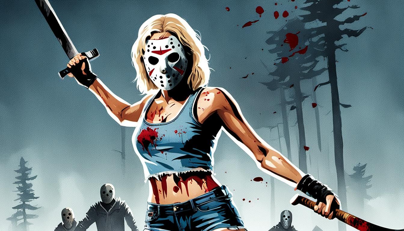 Friday the 13th with Jessica Vorhees wearing a hockey mask