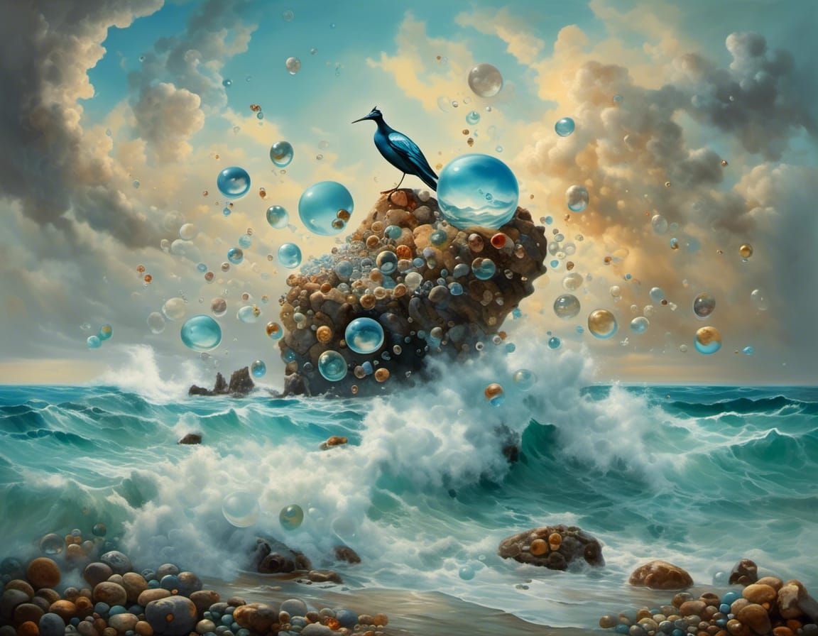 Surreal Cloudy Seascape with Bubbles and Bird