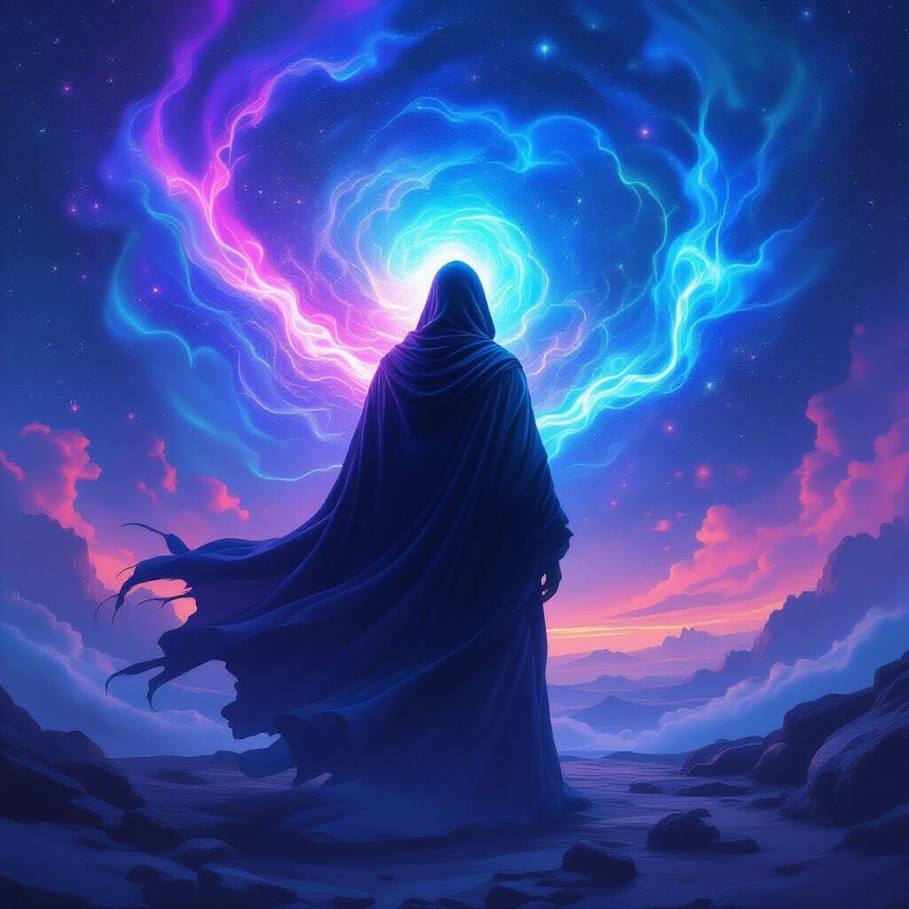 Mystical Energy Swirling Around Cloaked Figure