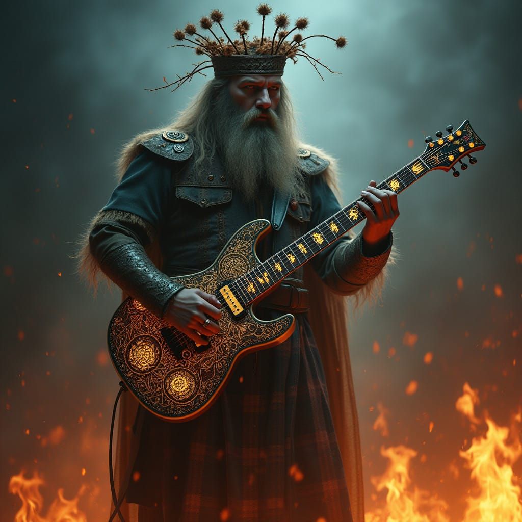 Mystical Scottish Warrior Plays Electric Guitar Amidst Blazi...