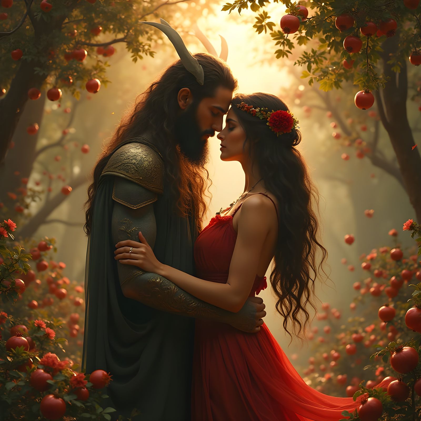 Hades and Persephone Embrace in Golden Underworld