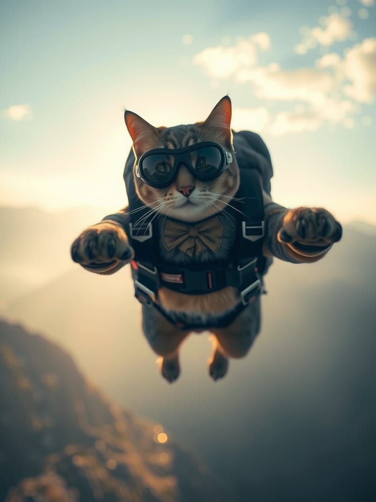 Skydiving cat, image overlay, double exposure, cinematic