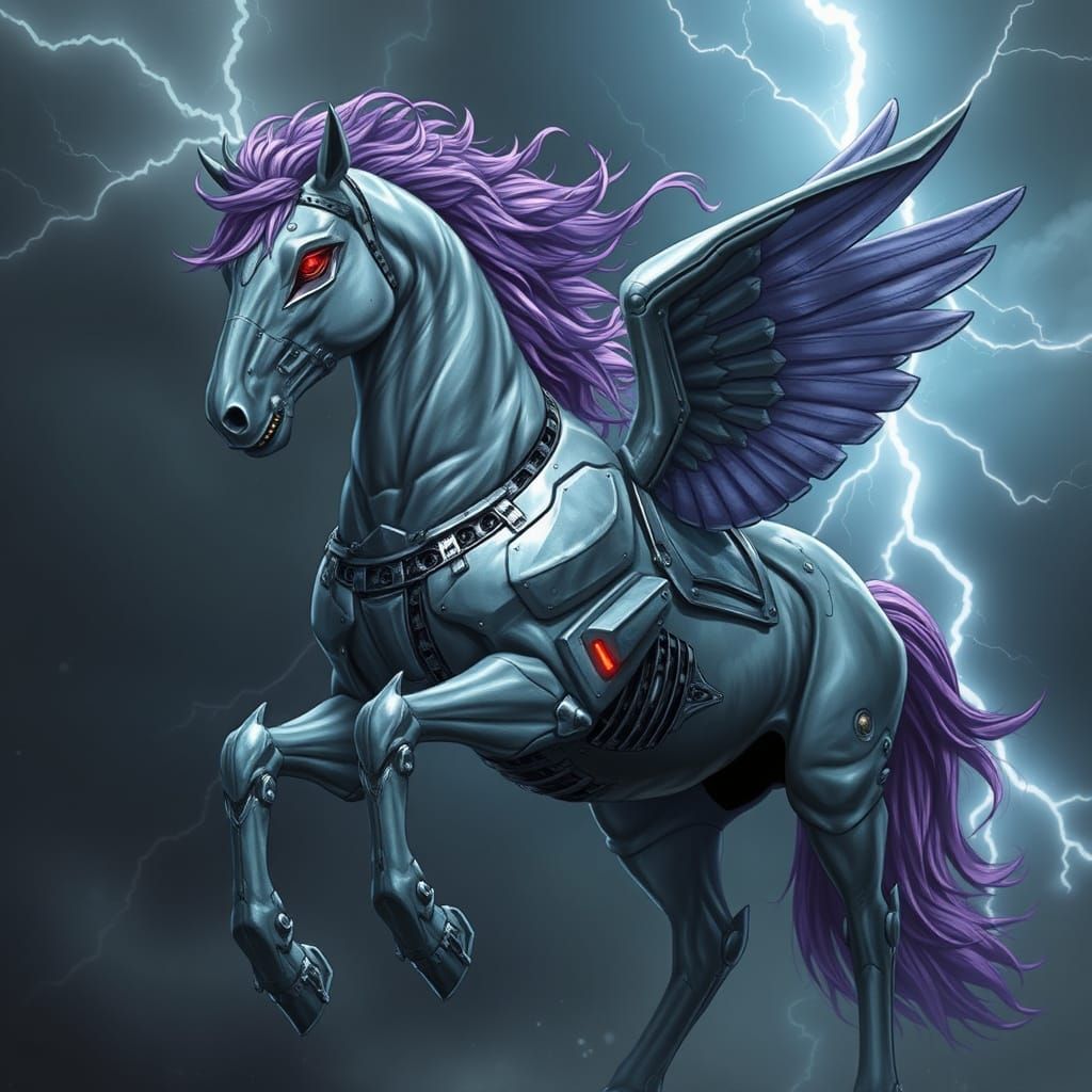 Cyborg Pegasus Horse in Futuristic Storm