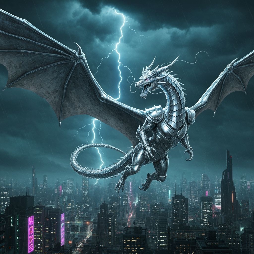 Chrome Dragon Soaring Over Futuristic Cityscape