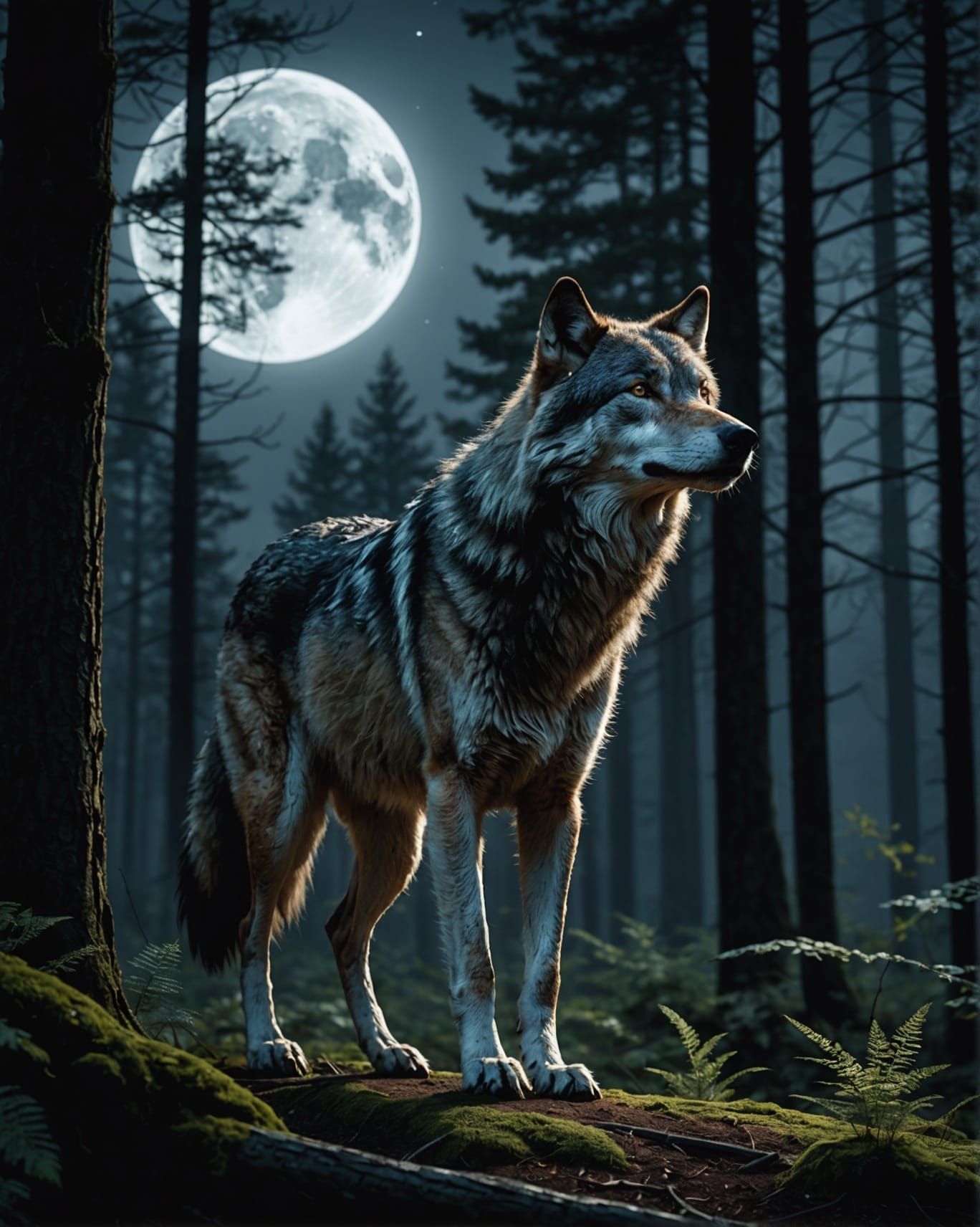 Serene Wolf in Moonlit Forest: 8K Fantasy