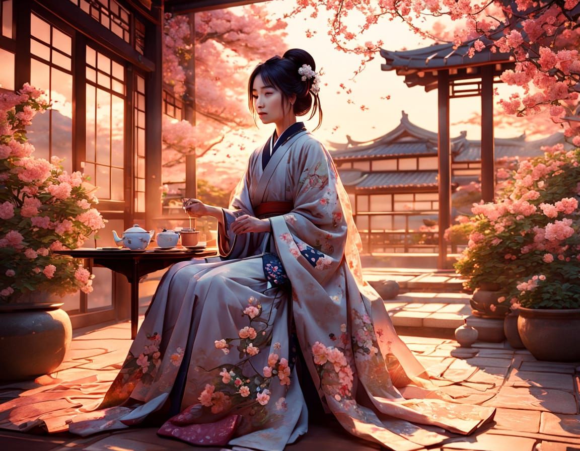 Japanese Woman Serves Tea in Floral Patio, Art Nouveau Style